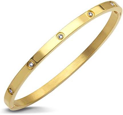 555Jewelry Womens Classic High Polish Stainless Steel Sparkling Cubic Zirconia CZ Hypoallergenic Fine Fashion Girls Jewelry Accessory Hinge Lock Love Cuff Bangle Bracelet, Yellow Gold