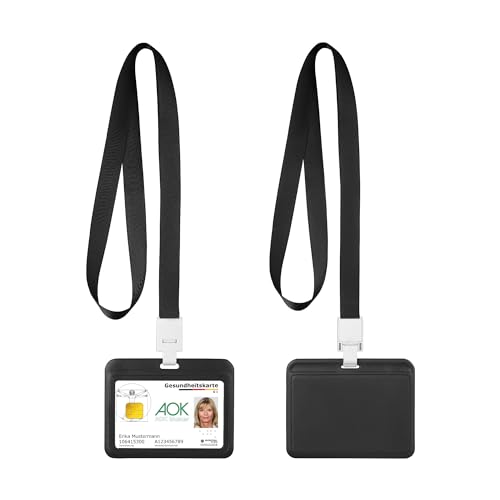 kwmobile ID Card Holders with Lanyard - Set of 2 - Horizontal Plastic Name Tag ID Badge Holders with Removable Strap - Black