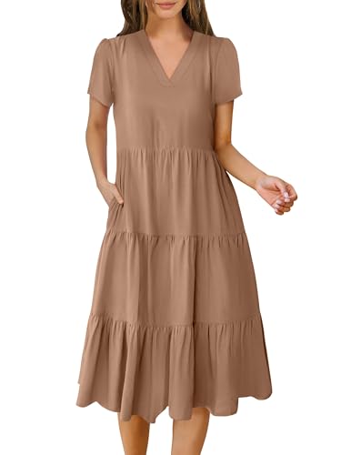 ANRABESS Women's Summer Casual Short Sleeve V Neck Midi Dresses 2025 Spring Flowy A-line Tiered T Shirts Boho Beach Dress