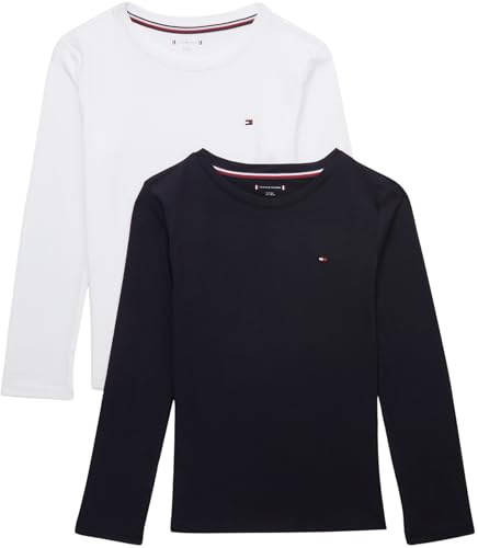 Tommy Hilfiger Jungen 2er Pack Langarmshirts Crew Neck aus Baumwolle, Blau (Desert Sky/White), 12-14 Jahre