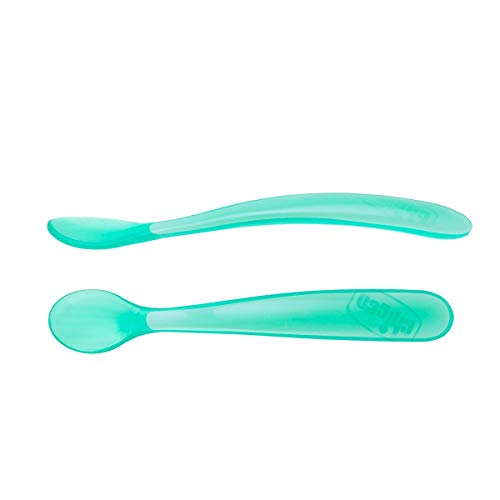Chicco Cuchara Silicona Bebé, Set de 2 Cucharas Blandas para Bebés y Niños, Suaves y Flexibles con Mango Largo Curvo Ergonómico – Cuchara para Bebé Aprendizaje +6 Meses, 2 Piezas, Azul Claro