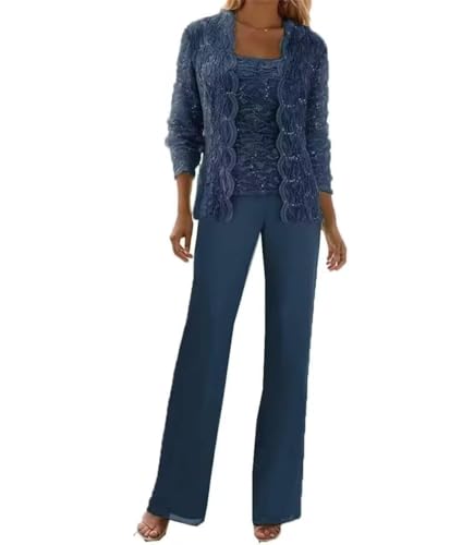 Image of 3 Pieces Chiffon Lace Mother of The Bride Pant Suits with Jackets Sequins Wedding Guest Dresses for Women