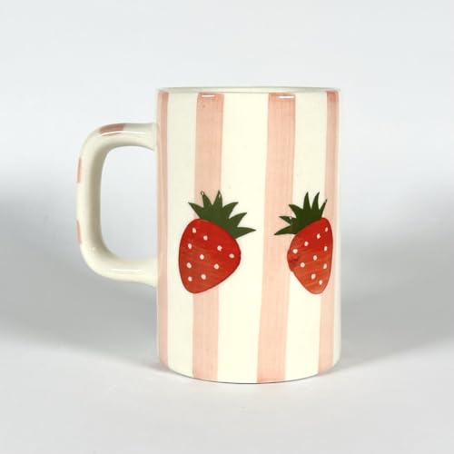 Image of SNS Handmade Ceramic Tumbler Mug with Lid (Pack of 2) | Coffee, Tea, Iced Beverage & Juice Cup | Hot & Cold Drinkware | Aesthetic Designer Mug for Home, Office & Gifting (Strawberry Bliss Mug)
