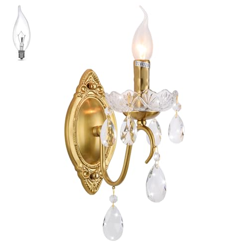 Image of Vintage Wall Sconces, Gold wall sconces Gold Crystal Wall Light, 1-Light Wall Lighting with Crystal Glass Shade, Matte Brushed Antique Brass Finish, Wall Lamp for Bathroom,Hallway(E12 Base)