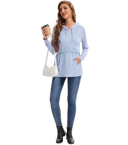 Sosolism Stilltop für Damen Stillpullover Langarm Still Kapuzenpullover,Hellblau,Größe L