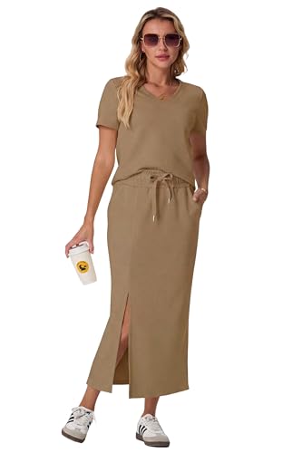 Image of GRECERELLE Women Summer Casual 2 Piece Sets V-Neck Wrinkle-Free Top & Elastic Waist Midi Side Slit Skirt with Pockets
