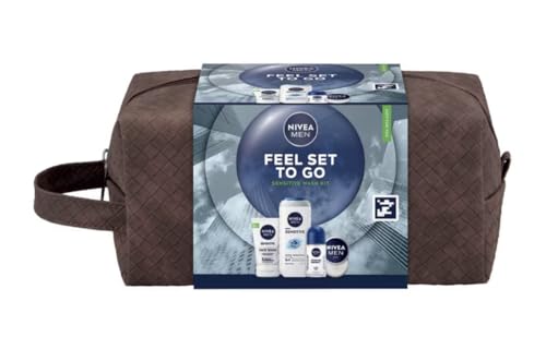 NIVEA MEN Feel Set To Go Sensitive Wash Kit with Brown Travel Bag, Face Wash, Body Wash, Deodorant, Gift Set