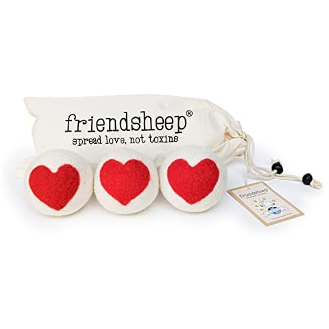 Wool Dryer Balls by Friendsheep 3 Pack XL Organic Premium Reusable Cruelty Free Handmade Fair Trade No Lint Fabric Softener Red Heart Trio Cover