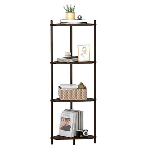 Corner Shelf Stand - 4 Tier Walnut Bamboo Small Corner Bookshelf for Office Kitchen Bedroom Plant Stand Living Room Decor Small Space by Wisuce - Used condition - CA$70.26