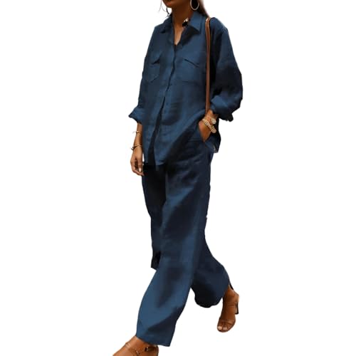 Womens Cotton Linen 2 Piece Sets Button Down Long Sleeve Shirt Elastic Waist Wide Leg Trousers Loose Sets with Pockets