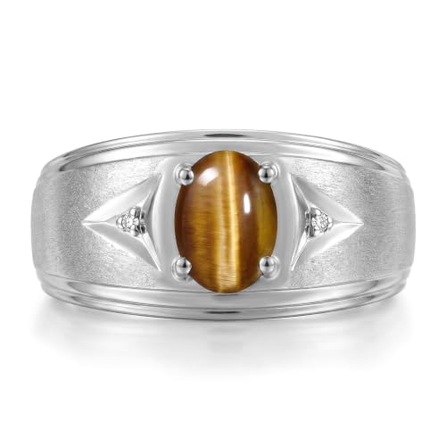 Image of Rylos Men's Rings Classic Design 8X6MM Oval Gemstone & Sparkling Diamond Ring - Color Stone Birthstone Rings for Men, Sterling Silver Rings in Sizes 8-13. Elevate Your Style with Timeless Elegance!