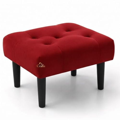 Image of Upholstered Foot Rest Ottoman Stool with Wooden Legs, Tufted Footstool for Living Room, Bedroom, Makeup Vanity, Entryway, Comfortable Footrest Bench, Modern Accent Ottoman (Red)