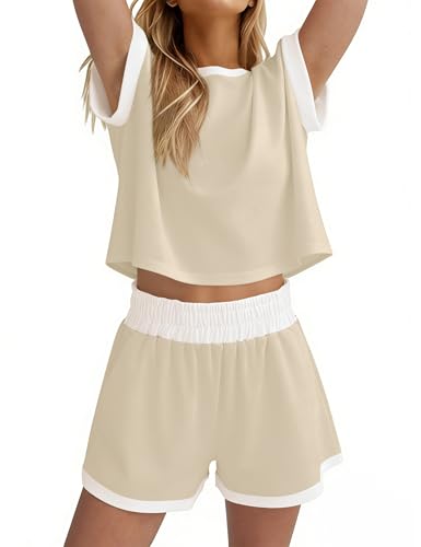 Image of MISSACTIVER 2 Piece Lounge Set Women Stripe Knit Short Sleeve Tee Shirts Shorts Casual Summer Loungewear Shorts Sets