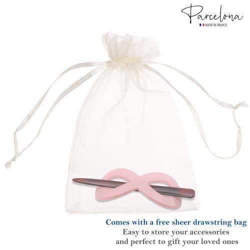 Parcelona French Infinity Medium 3 1/2" Celluloid Metal Free French Hair Slider Pin Thru Barrette Clip With Stick For Women Hair Accessories Bun Cover For Women Ponytail Strong Hold No Slip Grip Fashion Durable Styling, Made In France (Light Pink) #TOP7