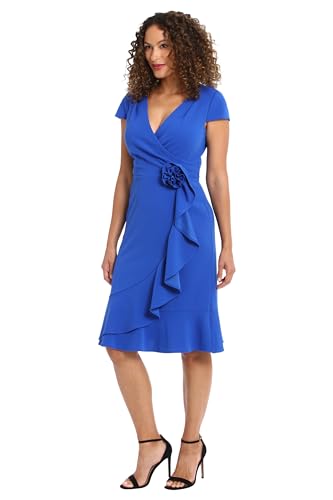 Image of Women's Feminine Ageless Surplice V-Neck Faux Wrap Ruffle Dress Office Event Shower Guest of