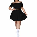 Women's Summer Plus Size 2 Piece Outfits Crop Top Bodycon Pleated Skirt Mini Club Dress Black 2X