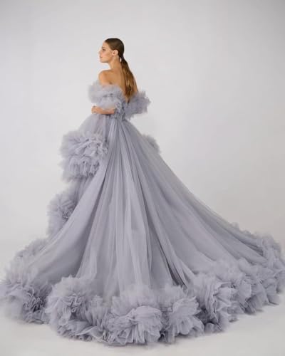 High Low Tulle Prom Dress Off Shoulder Puffy Long Ball Gown 2025 Ruffles Formal Evening Dresses3