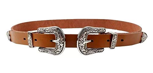 Cinto Couro Feminino 2 Fivelas Ponteiras Prata (85, Marrom-Amarelado)