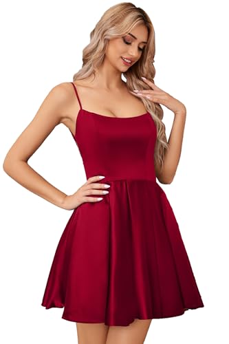 MIQILADUNA Homecomg Dress Satin Mini for Teens Backless with Pockets Spaghetti Strap Party Cocktail Dress Burgundy 6