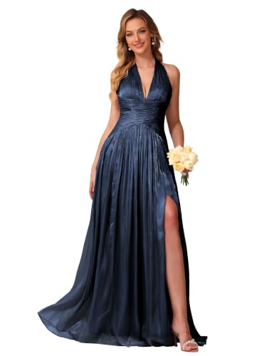 Image of Shimmer Chiffon Bridesmaid Dresses for Women Long | Deep V Neck,Pleated,Knotted,Empire Waist,with Slit,Breathable,Lightweight,Flowy,Formal Evening Dress