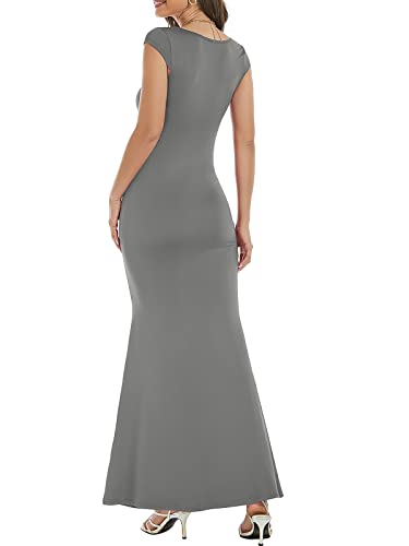 Image of Womens Summer Cap Sleeve Square Neck Elegant Casual Lounge Bodycon Slim Maxi Evening Party Long Dress