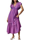 Wenrine Womens Summer V Neck Midi Dress Casual Ruffle Sleeve Contrast Color Loose Fit Flowy Long Dresses Violet