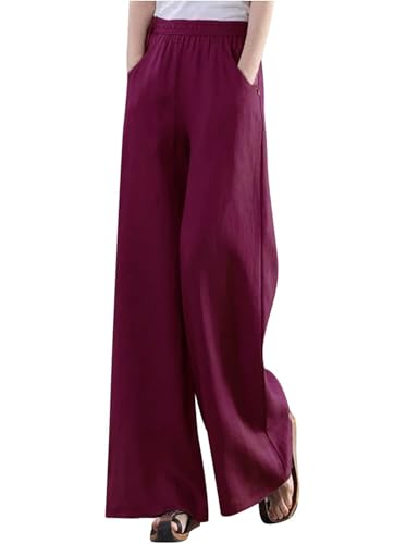 Image of KOTTY Women's Crumble Fabric High Waist Solid Color Drawstring Wide Leg Trousers Loose with Pockets