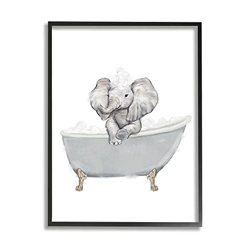 Image of 'Baby Elephant Bubble Claw Bathtub Safari'| Framed Giclee Art | Stupell Industries | Black, 11 x 14 Inches, Easy to Hang and Sturdy, Made in USA, by Ziwei Li