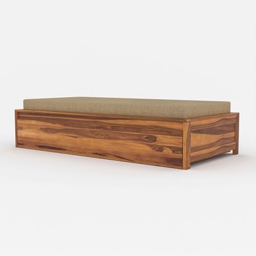 Image of Wooden Single Size Bed for Living Room, Drawing Room & Bedroom | Space Saving Wooden Cot /Palang /Diwan with Trundle Drawer Storage | Solid Sheesham Wood | Honey Finish