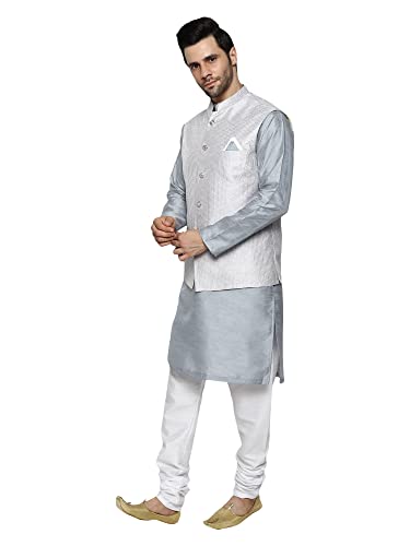 Image of Uri and MacKenzie Men's Silk Blend Kurta Churidar Pyjama with Stylish Nehru Jacket