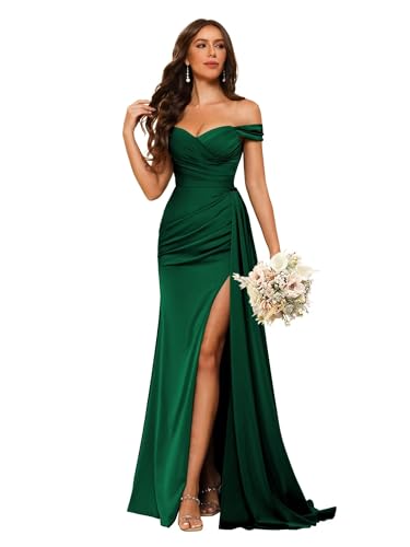 vintys Womens Off Shoulder Mermaid Bridesmaid Dresses Long with Slit Emerald Green Pleated Satin Formal Dresses for Women 8