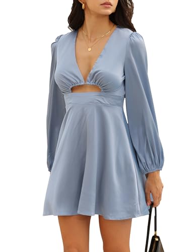 KOUNAI Satin Long Sleeve A-Line Club Cocktail Party Mini Dresses for Women