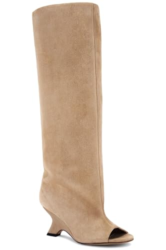 MissHeel Open Toe Suede Knee High Boots Wide Calf Wedge Heel2