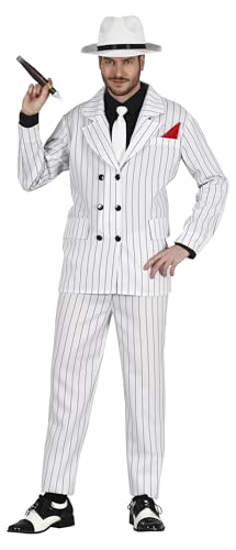 FIESTAS GUIRCA Disfraz de Gángster Mafioso Años 20 - Traje Blanco a Rayas Gatsby Estilo Mafia Boss para Hombre Adulto Talla M 48-50