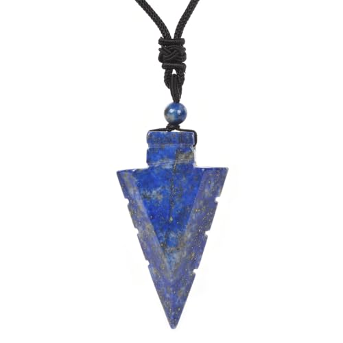 Natural Gemstone 47mm Arrowhead Flatback Spearhead Healing Stone Crystal Amulet Pendant Adjustable Braided Cord Necklace 18 to 28 Inch