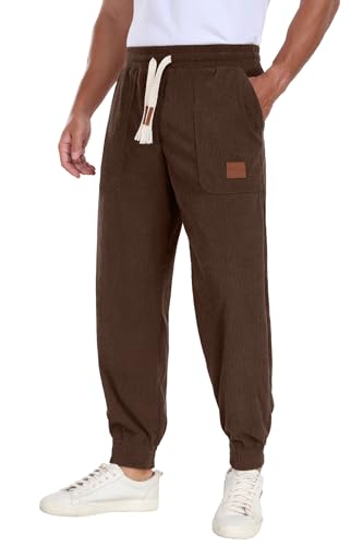 Askdeer Mens Corduroy Joggers Pants Casual Cargo Pants Drawstring Elastic Waist Baggy Tapered Sweatpants with 3 Pockets Camel2
