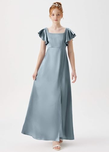 Junior Girls Bridesmaid Dress for Wedding Satin Short Sleeve Flower Girl Dresses for Teen with Slit JR0024