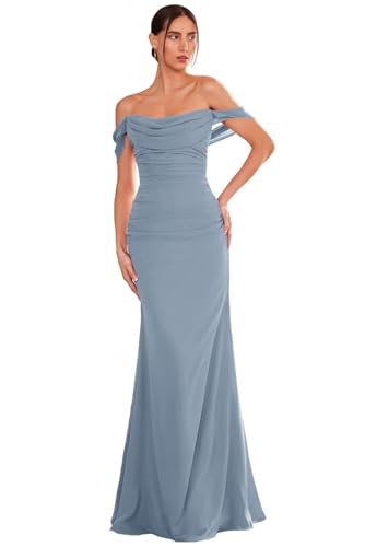 Chiffon Mermaid Off The Shoulder Bridesmaid Dresses for Women Draped Sleeves Long Prom Dresses Formal Evening Gown