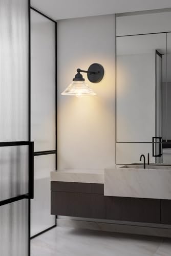 Image of Vintage Wall Sconce 1-Light with Clear Ribbed Glass Shade, Industrial Hardwired Wall Light Fixture for Bedside Living Room Vanity Bathroom Hallway