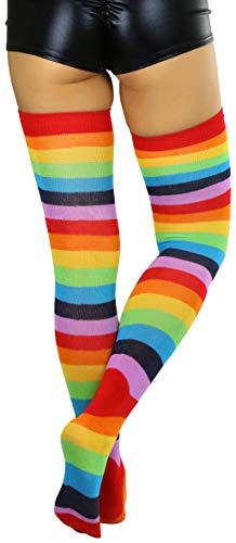 Image of ToBeInStyle Women's Bright Vibrant Rainbow Striped Thigh High Rave Stockings