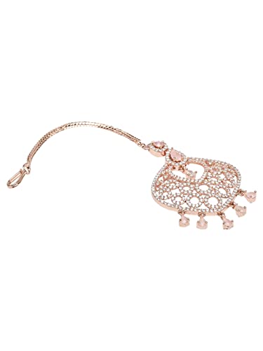Women's Rose Plated AD & CZ Studded Crystal Maang Tikka