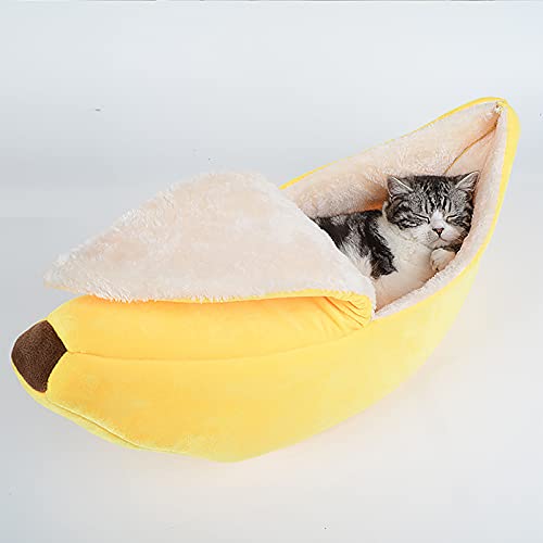HYLYING Pet Cat Bed House Banana Shape Pet Bed Warm Boat Pet Sleep Nest Lovely Pet Supplies for Cats Kittens Winter Cotton Cushion Coral Fleece, Yellow Banana - Image 3