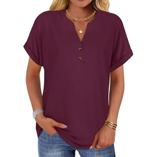 rosemia Womens Short Sleeve Shirts V Neck Dressy Casual Blouses Summer Loose Fitting Henley Tops, Wine Red, S