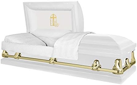 Titan Casket Orion Panel Collection (White & Gold, Praying Hands & Window) Handcrafted Funeral Casket - White & Gold with White Crepe Interior & 'Praying Hands & Window' Head Panel