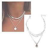 Larancie Boho Layered Necklace Ring Pendant Silver Necklace Beaded Clavicle Chain Flat Collar Stacked Necklace Neck Chain Jewelry for Women and Girls