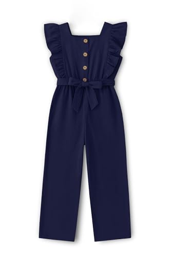 Image of Trampoline Girls Navy Blue Cotton Slub Ruffle Sleeve Jumpsuit with Belt & Square Neck | Casual Wear