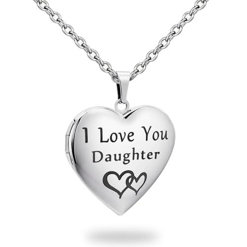 PHOCKSIN Silver Heart Locket Necklace That Holds Pictures Engraved I Love You Daughter Birthday Gifts For Daughter from Parents