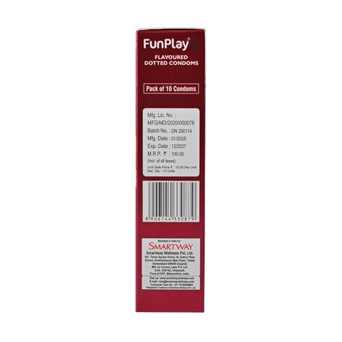Image of Funplay Strawberry Dotted Condoms 10 PCS | Flavoured Latex Condoms | Dotted Texture for Added Sensation | Smooth Lubricated Surface | Comfortable Fit | Travel Friendly Pack