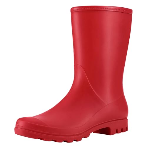 Asgard Women's Mid Calf Rain Boots Waterproof Garden Shoes Slip on Rubber Boots, Dark Red EU 40