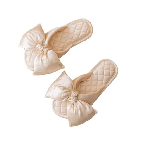 SOQSOQ Flat Slippers Satin Sweetheart Bow Elegant Rhinestone Pure Color Bridal Flips Hand Sewn Comfortable Bridemaids Hotel Slides Bridal Shower Gifts for Wedding Home Flops(Champagne,8-9)